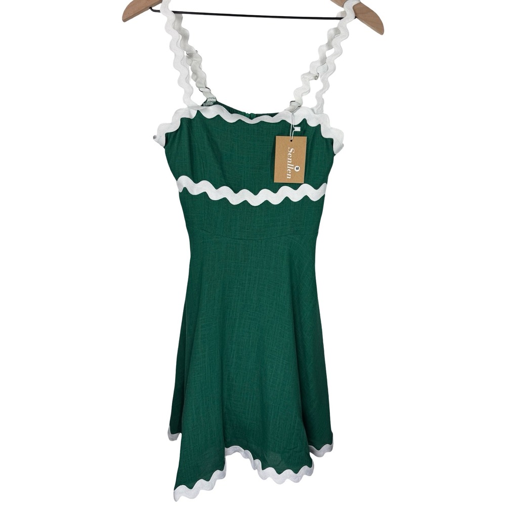 Senllen Green Cotton Linen Ric Rac Trim Mini Dress Smocked Back Size M NWT - Picture 3 of 7
